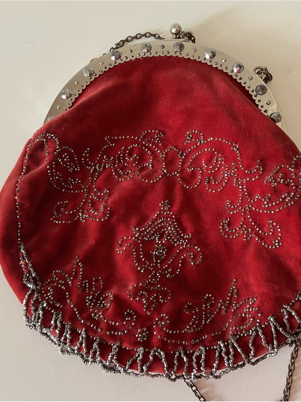 Vintage Red Velvet Beaded Evening Clutch with Chain Strap